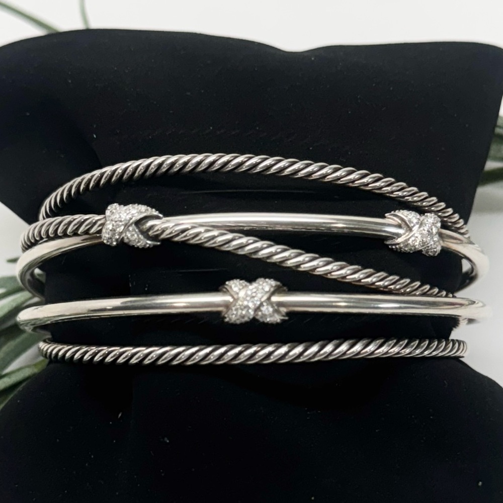 David Yurman 5 Row Diamond X’s Crossover Cable Cuff Bracelet .925